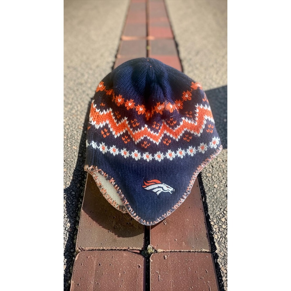 Denver Broncos Reebok NFL Knit Earflap Beanie Hat Navy Orange Fair Winter Warm